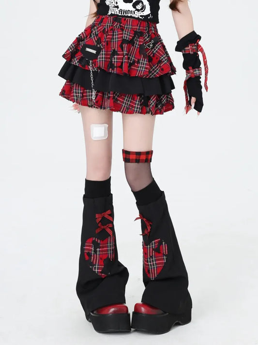 Punk Sleeves with Red Rock Decorated Chain Tiered Free Plaid Black and Skirt Leg