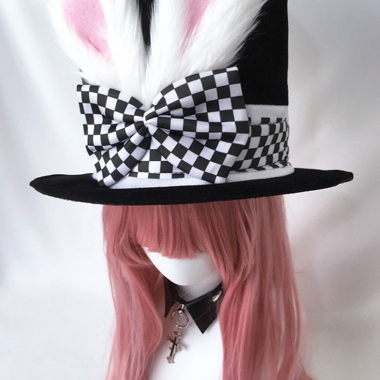 Rabbit Bow Hat Vibes Alice Black Faux Accent Ears Lolita with Checkered Top and