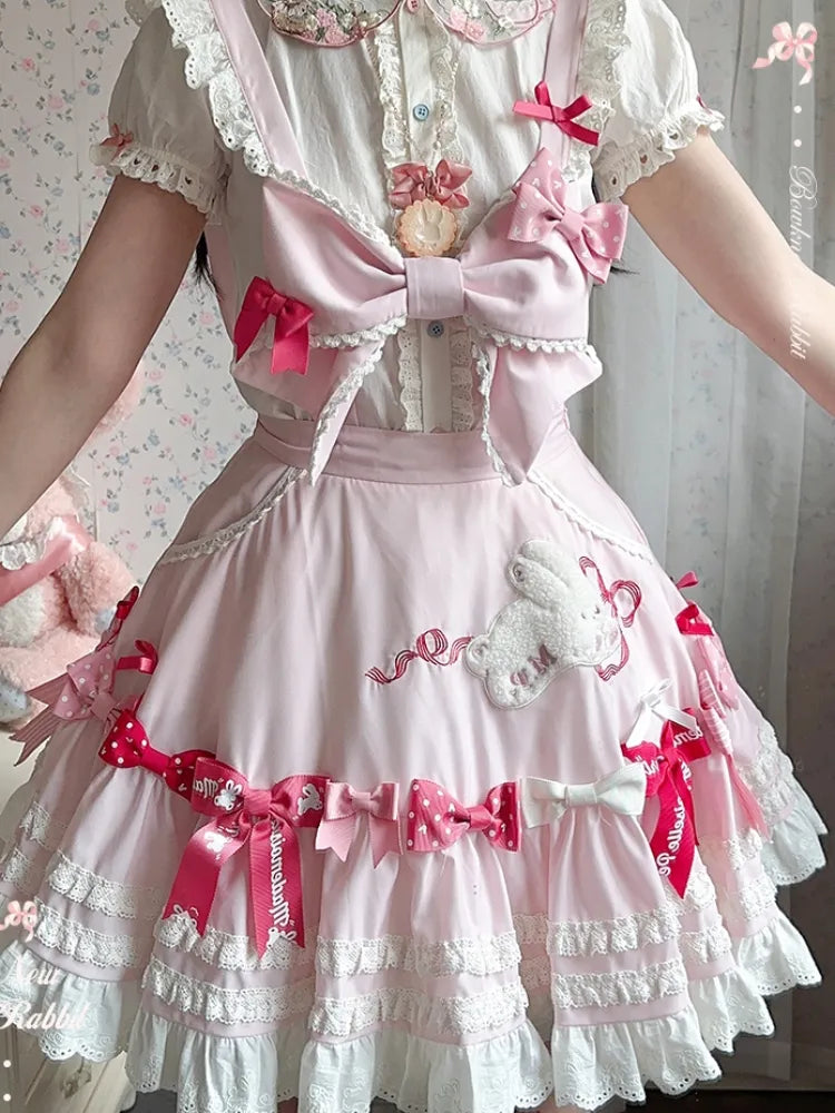 スカート ピンク 刺繍 ショルダーパッチ 取り外し可能 ロリータ スイートストラップ付き バニー