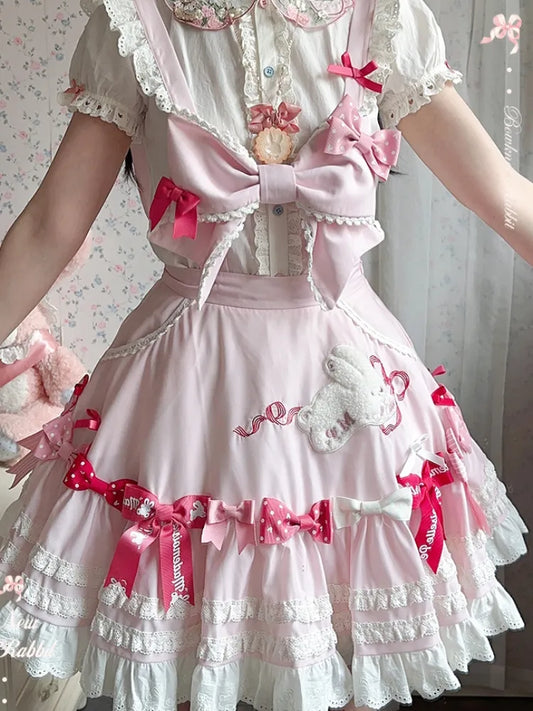 スカート ピンク 刺繍 ショルダーパッチ 取り外し可能 ロリータ スイートストラップ付き バニー