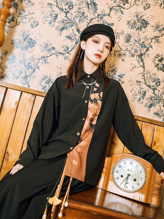 Placket Shirt Ginkgo Panel Orange Cheongsam Button-Down Black Gothic with