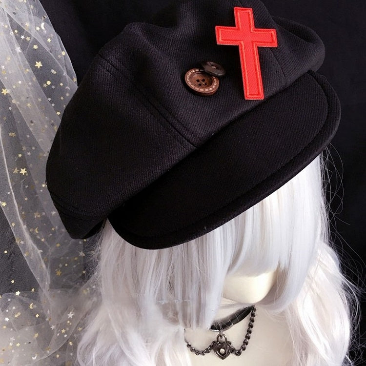 Cross Decorated Black Beret with