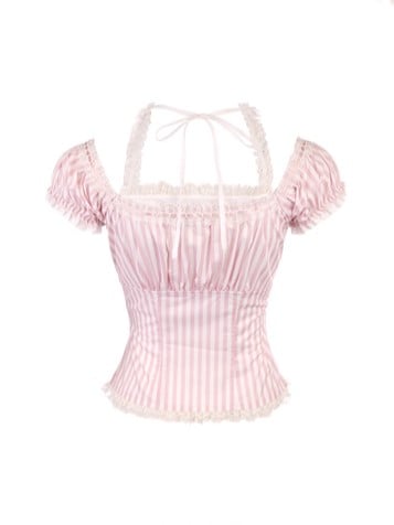 With Puff Sleeves Striped Lace Halter Top Accents Bow Pink