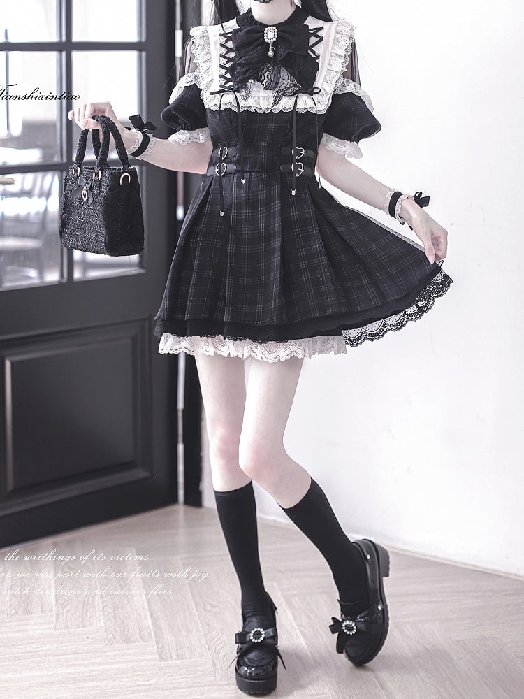 Trim Jirai Pattern Open in Dress Kei Plaid Lace White Shoulder with Lace-up Black Neckline