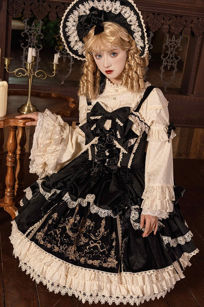 Schwarzes Lolita-Kleid mit Kerzenschleifen und Samt JSK / Dekorationsstickerei