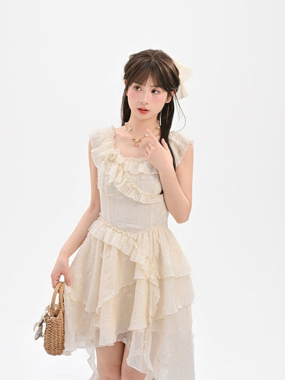 Tonal Beige Rüschen Ausschnitt Asymmetrische Urlaub Ärmelloses Kleid Saum Floral Stickerei