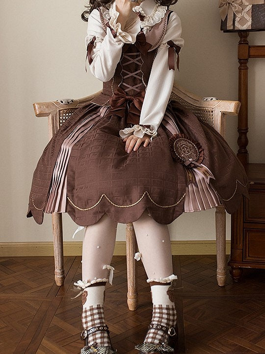 Scoop Scalloped with Dress Chocolate Lolita Edge Sweet Hem Neckline Brown