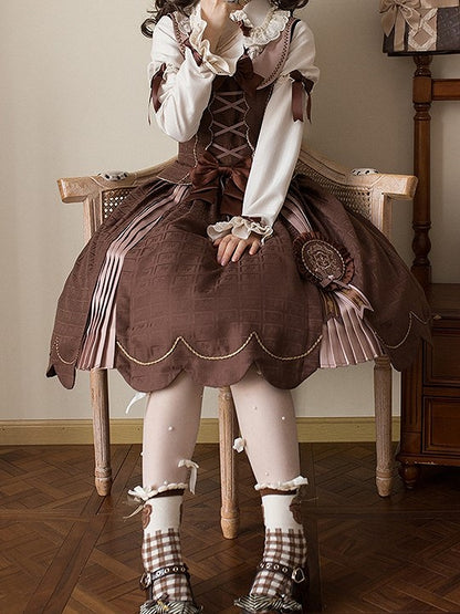 Scoop Scalloped with Dress Chocolate Lolita Edge Sweet Hem Neckline Brown