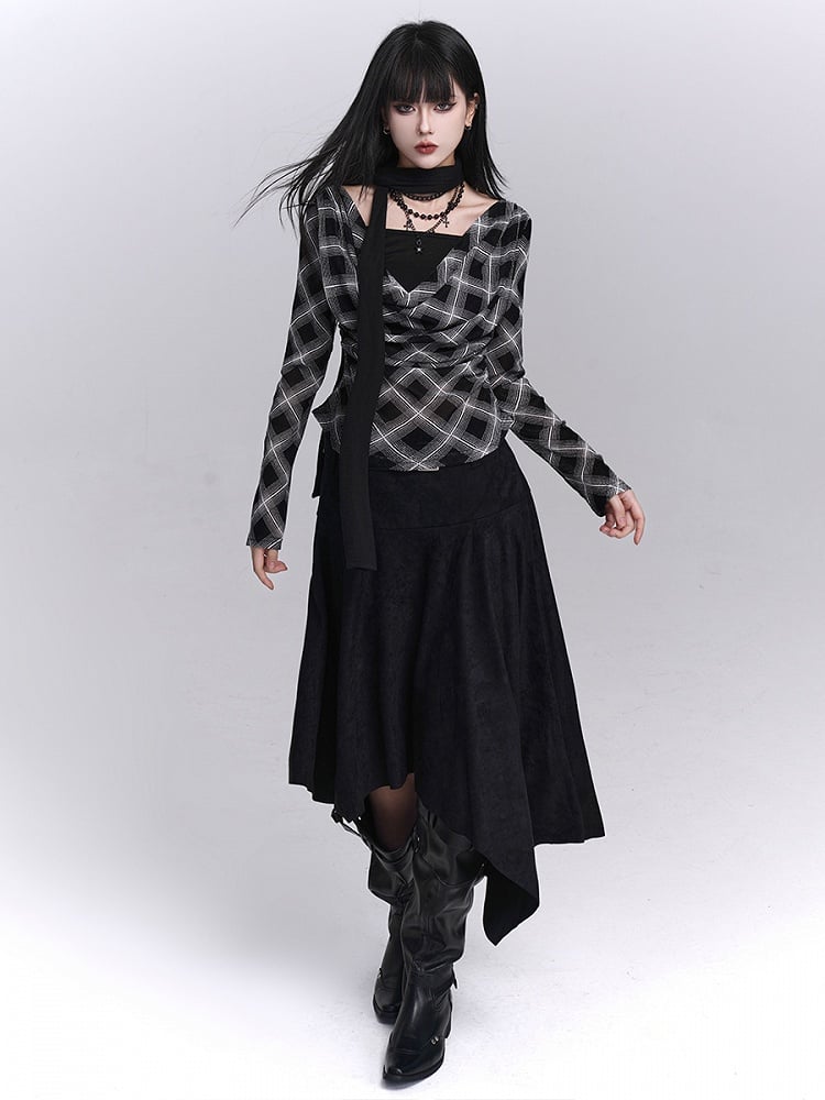 Top Faux Two-Piece Cowl Autumn Black Neck Plaid