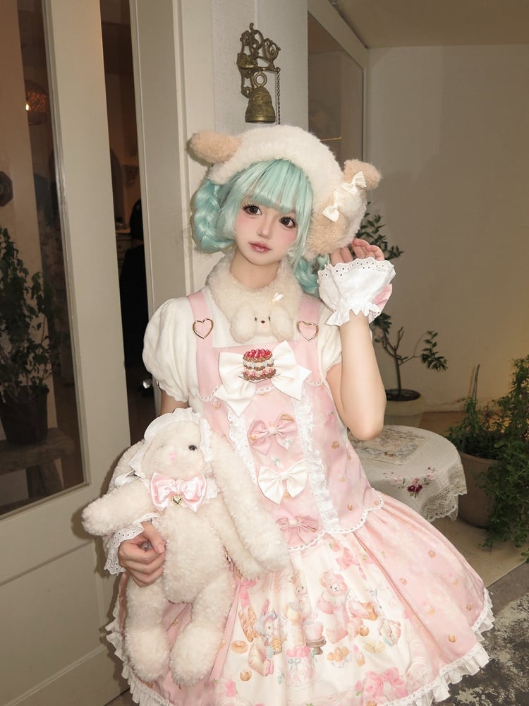 Pink Bear & Strawberry Print Adjustable-Strap Jumper Dress - Honey Village