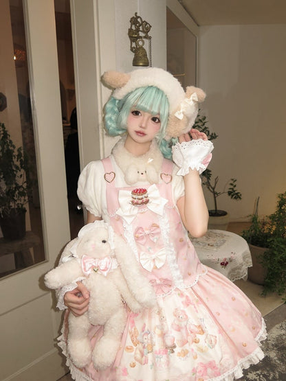 Pink Bear & Strawberry Print Adjustable-Strap Jumper Dress - Honey Village