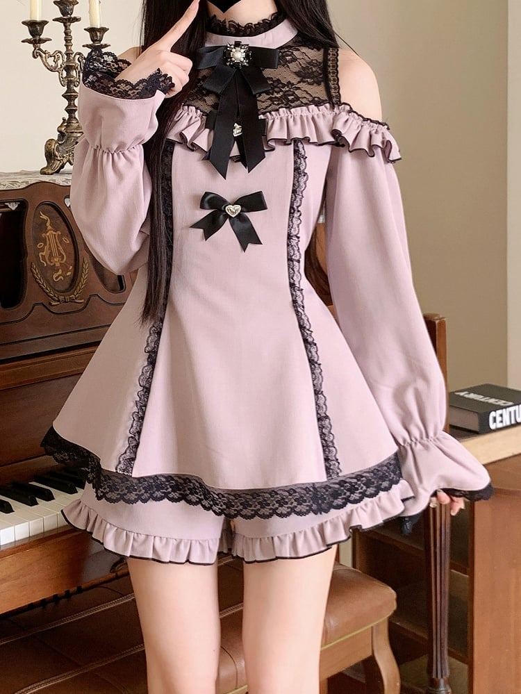 イリュージョンスカートネックラインカットアウトショルダーヘムショーツミニドレスジライケイブラックフリルセットパープル