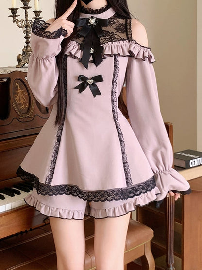 イリュージョンスカートネックラインカットアウトショルダーヘムショーツミニドレスジライケイブラックフリルセットパープル