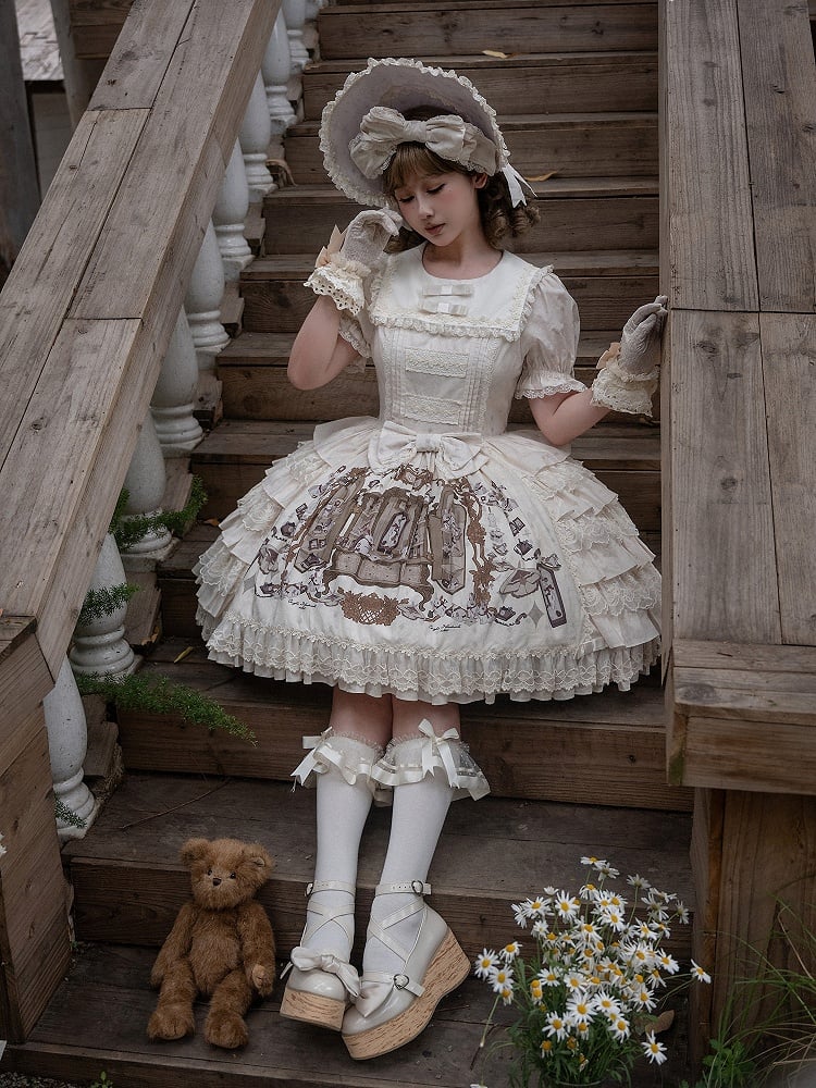 Bunny Print Lace Ruffle Dress with Round Neck - NnSTAR