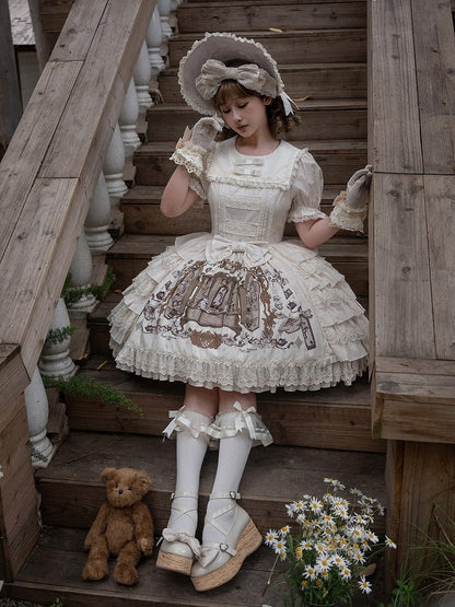 Bunny Print Lace Ruffle Dress with Round Neck - NnSTAR