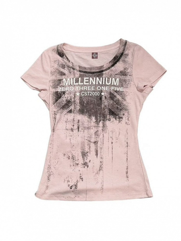 Distressed Pink Crew Neck Short Tee with Letter Print - DETW OnLine