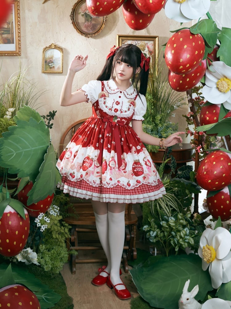 Süße Lolita-Bluse mit weißem Kontrast und rotem Besatz, Peter-Pan-Kragen und Puffärmeln