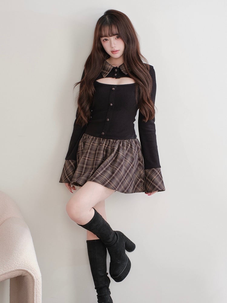 Dress Paneled Jirai Kei Knit Cutout Design Plaid Black