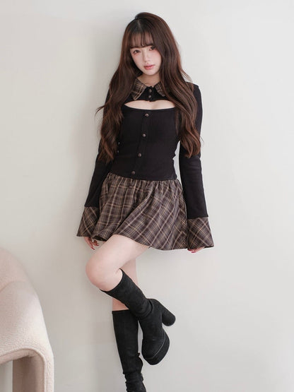 Dress Paneled Jirai Kei Knit Cutout Design Plaid Black