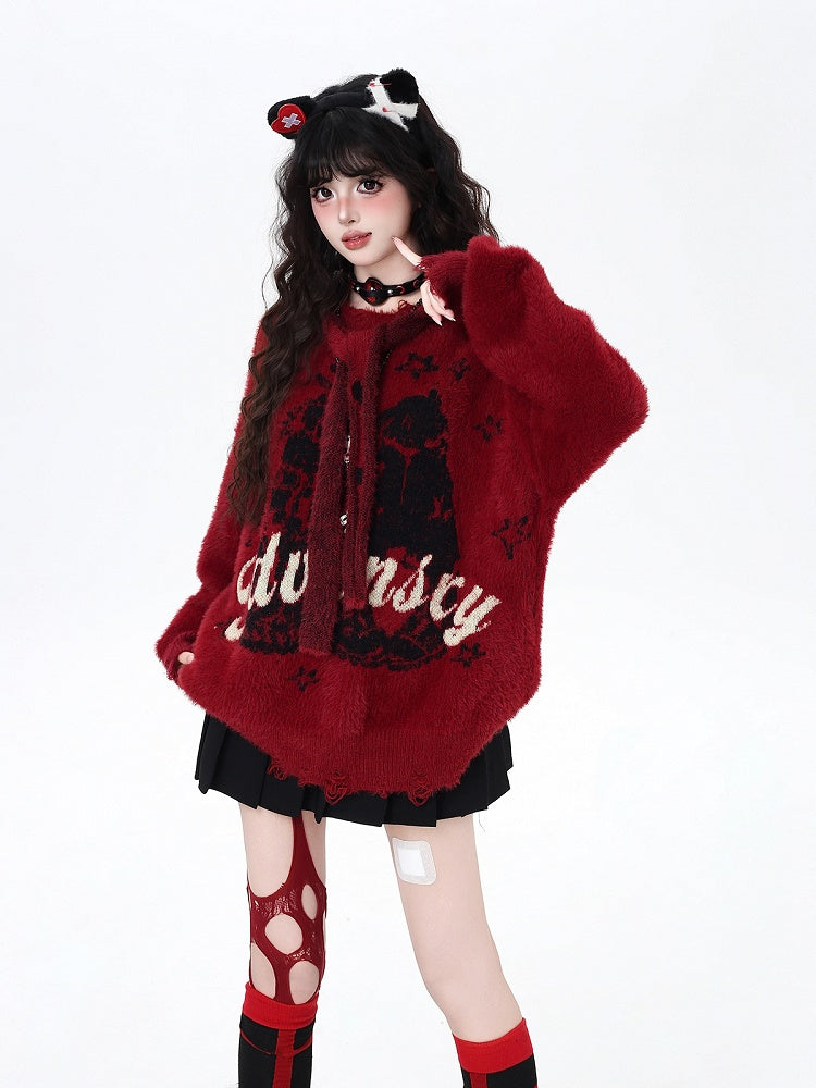 Vintage Lettered Plush Sweater with Distress Trim and Detachable Hood Red/Dark Brown