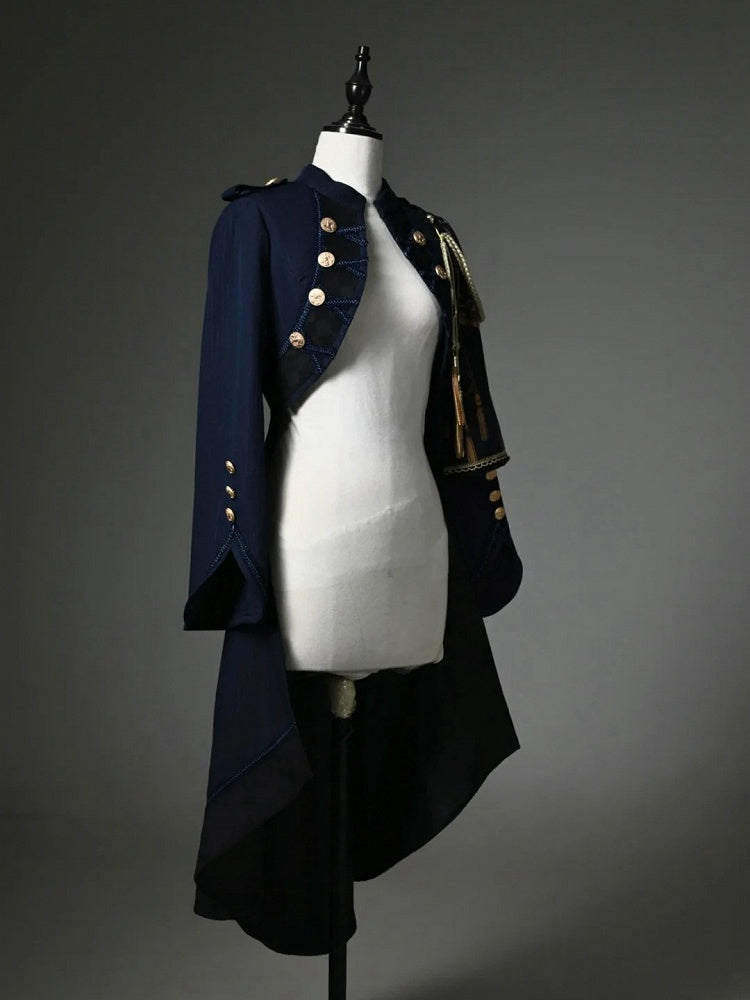 Dark Blue Detachable One-Shoulder Cape Coat