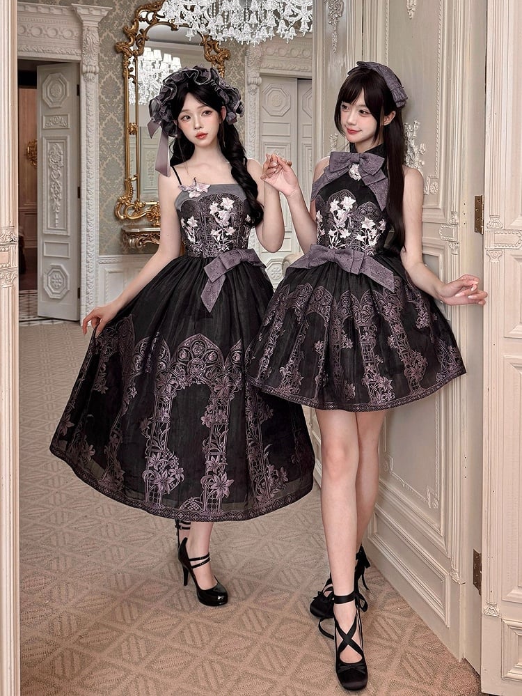 Asian Noir Purple Boned Bow Floral JSK Dress - Yimu Walnut