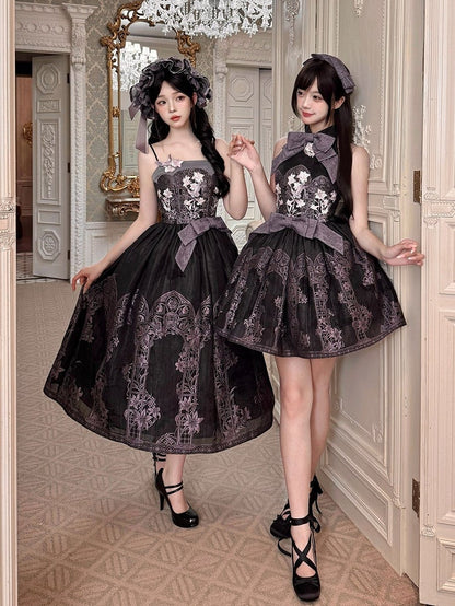 Asian Noir Purple Boned Bow Floral JSK Dress - Yimu Walnut