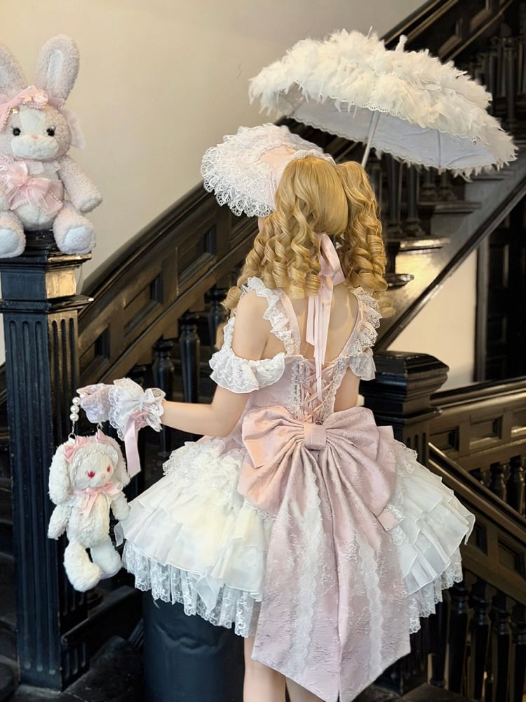 Pink Ballet Style Lace Ruffle Lolita JSK Dress with Bead Chain Bow Details - White Sugar Girl