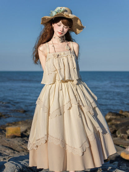 Beige Lace Top & Skirt Set with Brooch & Hat - With PUJI