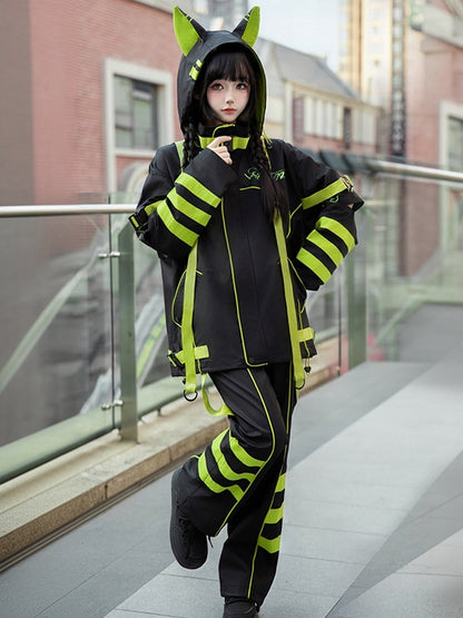 Schwarze und grüne Jirai Kei Techwear-Hose im Landmine-Stil