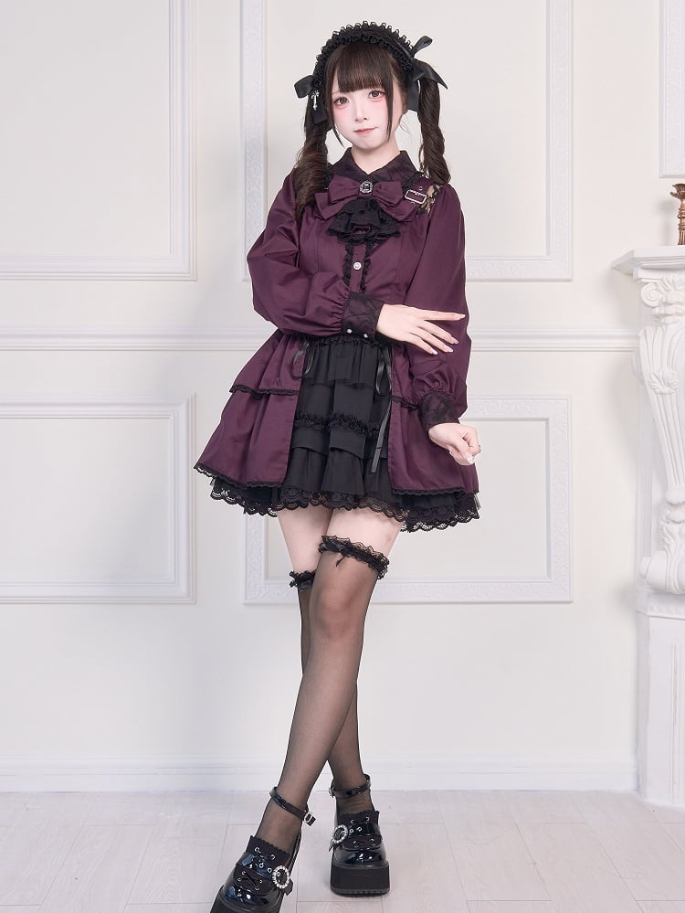 Bluse Bowknot Illusion über Jirai Ausschnitt Riemen Schnalle Lila Brosche Kei und mit