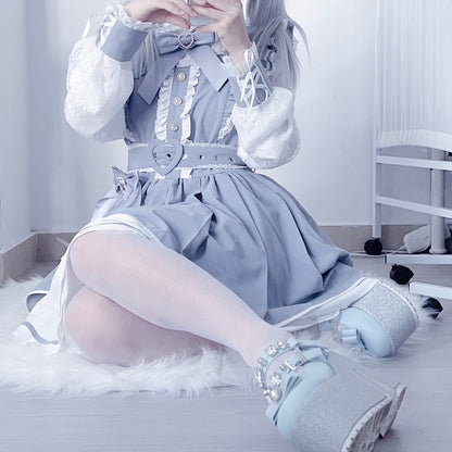 Heart Jirai Dusty Details Blue Decorated Kei Rhinestone Bowknot