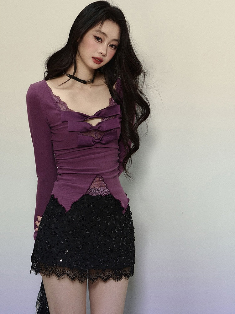 Purple Bow Accents Lace Trim V-neck Long-Sleeve Top