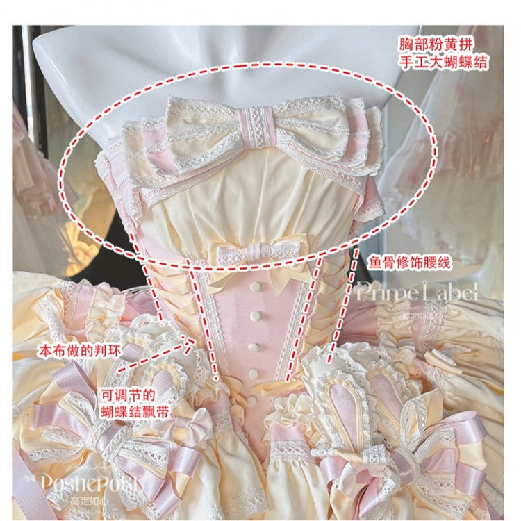 und Korsett mit Ohrenstäbchen, Schleife und Taille, rosa Rockkleid, bauschig, Hase auf süßem gelbem Design