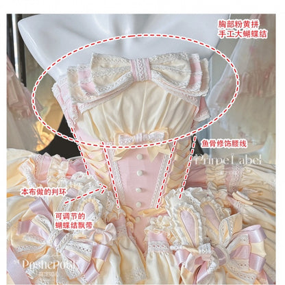 und Korsett mit Ohrenstäbchen, Schleife und Taille, rosa Rockkleid, bauschig, Hase auf süßem gelbem Design