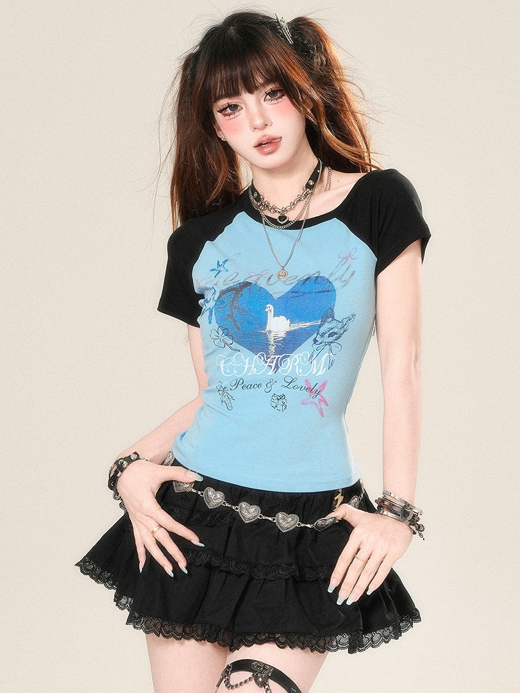 Print T-shirt Glamorous Bittersweet And Letter Animal Heart Blue