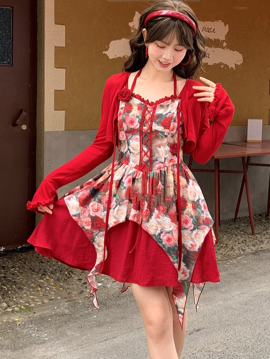 Front Red Rosette Print Cascading Ruffles Lace-up Cami Dress