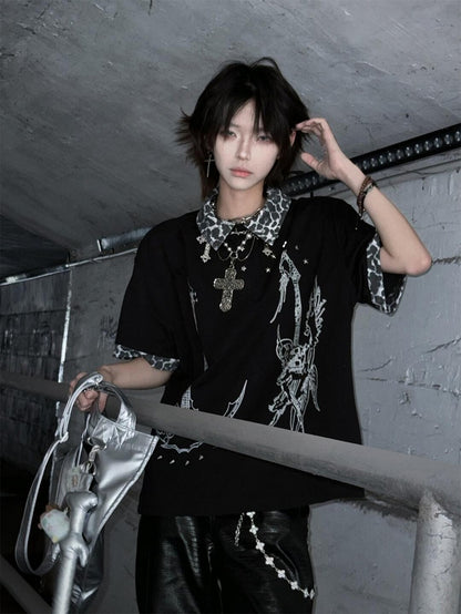 Print Y2K Patchwork Cross T-Shirt with Leopard and