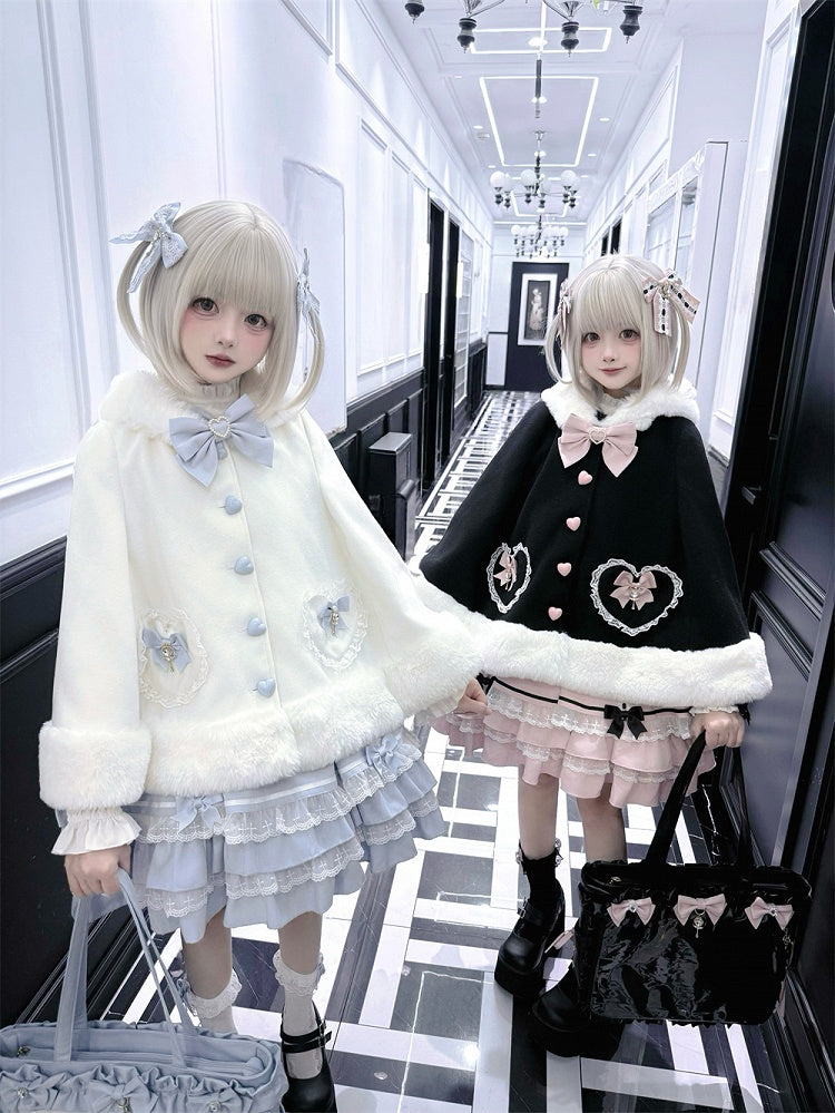 in / Cape Hooded Plush with Trimmed Bow Kei Accents Black Blue Jirai White Applique Pink Sweetheart