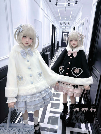 in / Cape Hooded Plush with Trimmed Bow Kei Accents Black Blue Jirai White Applique Pink Sweetheart