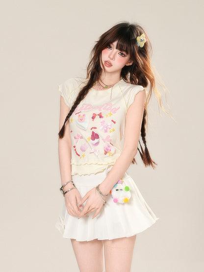 Glamorous Dessert Print Ruffled T-shirt Sweet Trim Pink/Apricot