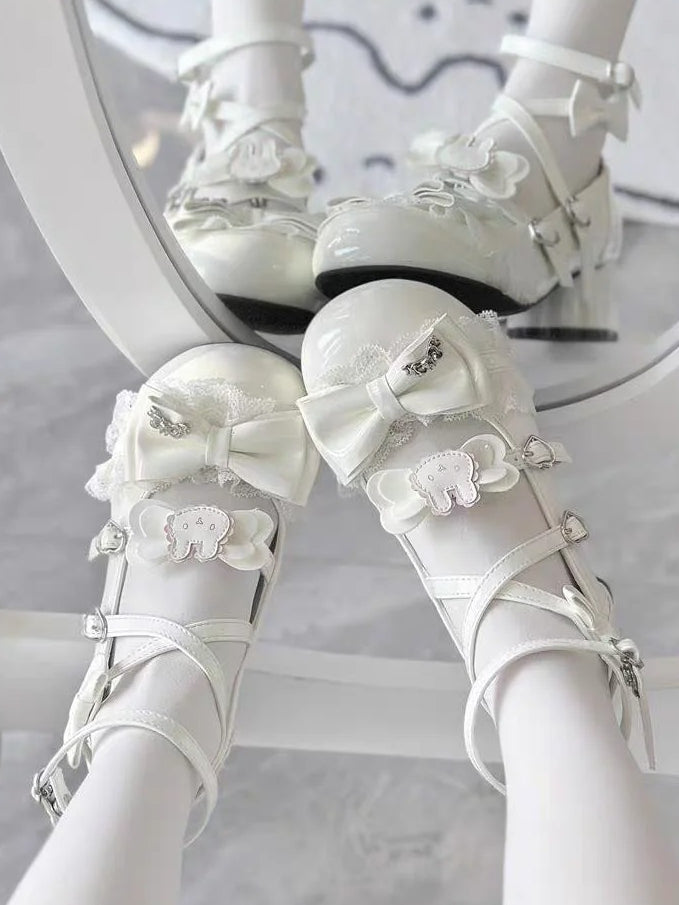 Ear Janes White Bow Leather Bunny PU Lolita Mary Sweet -
