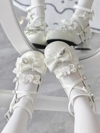 Ear Janes White Bow Leather Bunny PU Lolita Mary Sweet -
