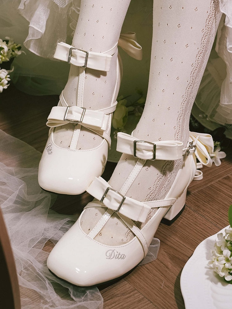 Lolita Toe Heels Polished Middle Accents Bow Design Elegant Square T-strap White with