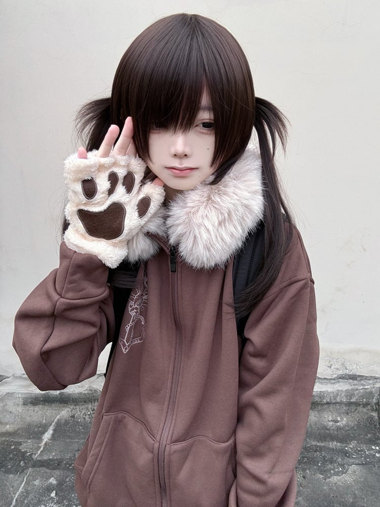 Necklace Fur-Collar Casual Starfish Anchor-Print Hoodie with Jirai Kei Zip Coffee