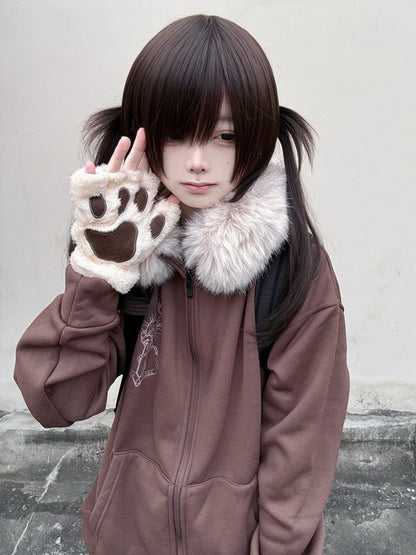 Necklace Fur-Collar Casual Starfish Anchor-Print Hoodie with Jirai Kei Zip Coffee