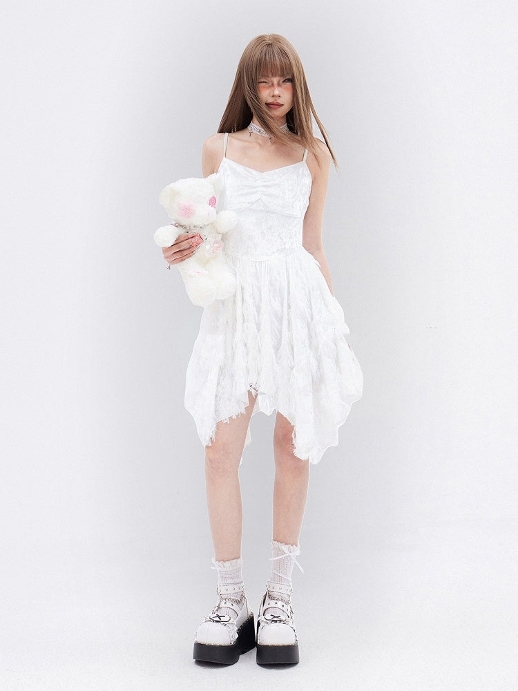 White Fringe Handkerchief Hem Cami Dress