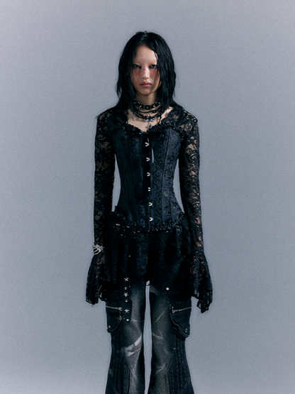 A-Linien-Minikleid mit Glockenärmeln, schwarze, halbtransparente Punk-Spitze