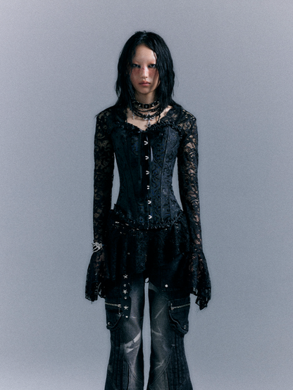 Korsett mit Blumenstickerei und Spitzenbesatz Punk Schwarz