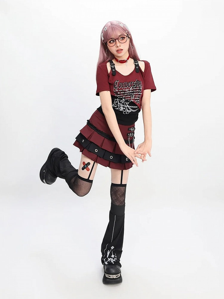 バタフライプリントTシャツ ショートカラーブロック カットアウトショルダーバージョン レッド/ピンク/パープル Y2K